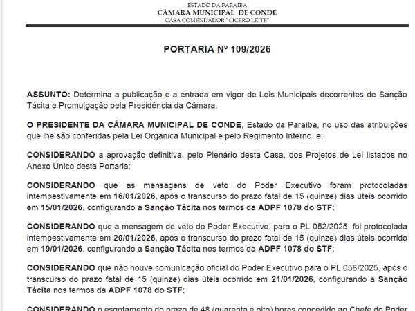 Câmara de Conde publica portaria que determina promulgação de leis aprovadas pelo Legislativo