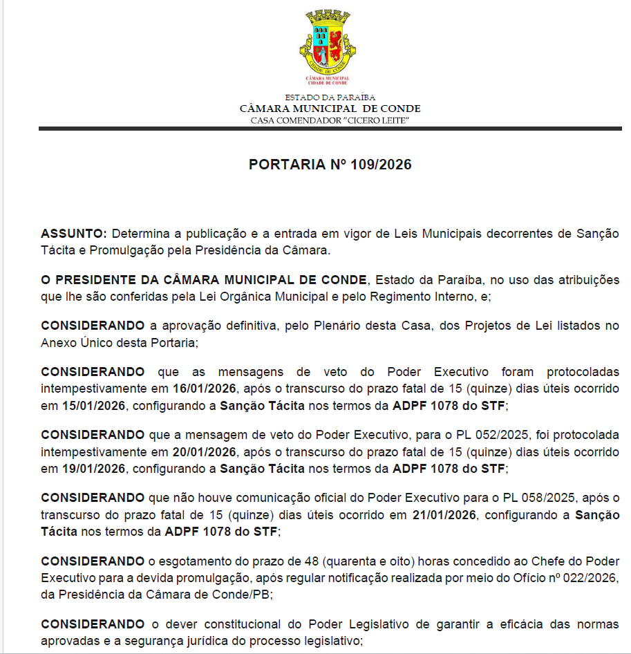 Câmara de Conde publica portaria que determina promulgação de leis aprovadas pelo Legislativo