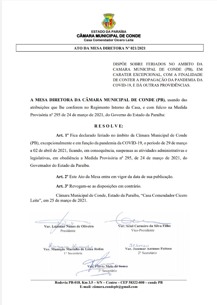 Câmara Municipal de Conde decreta suspensão das atividades para conter propagação da pandemia da Covid-19